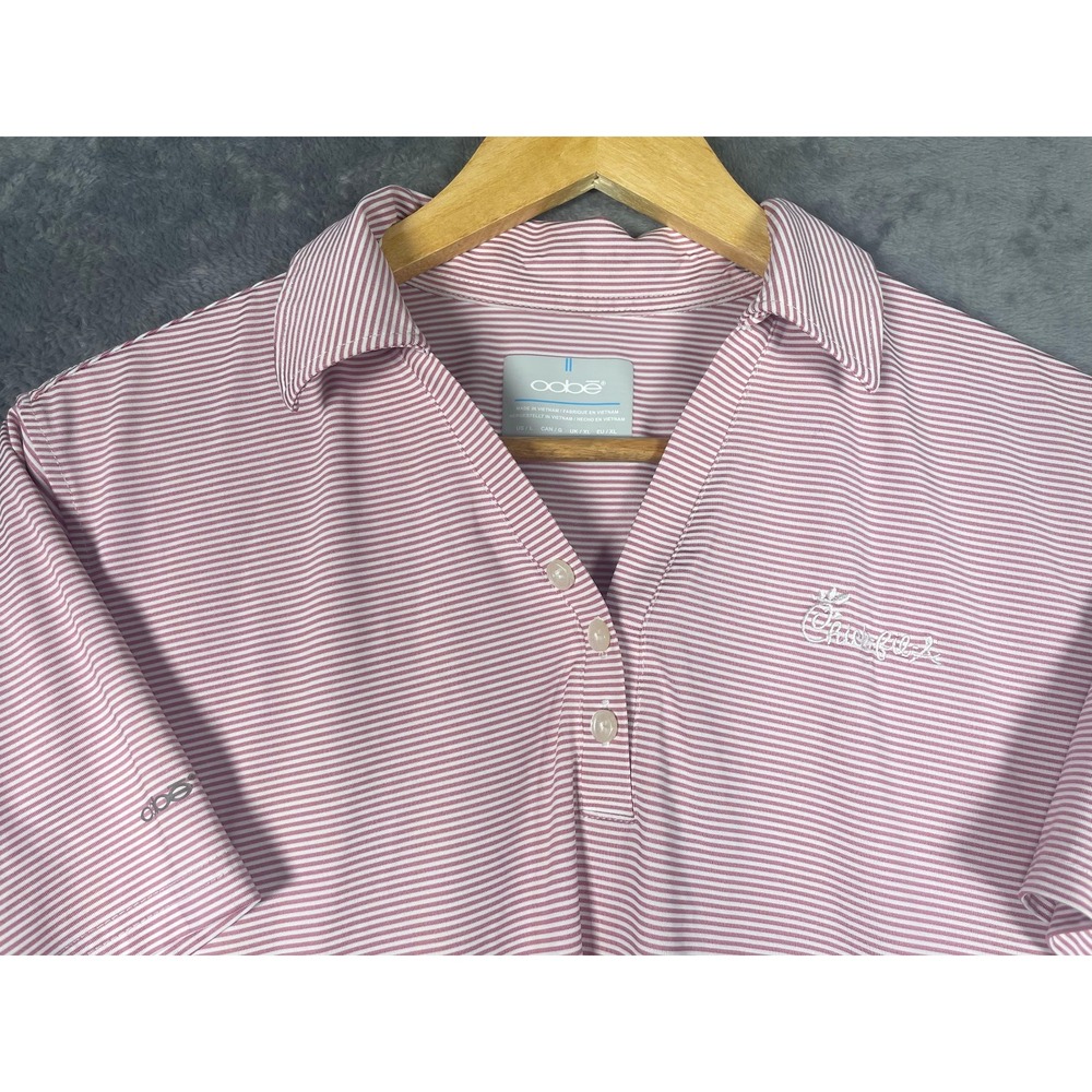 OOBE Chick-fil-A Womens Large Polo Shirt Pink White Striped Short Sleeve